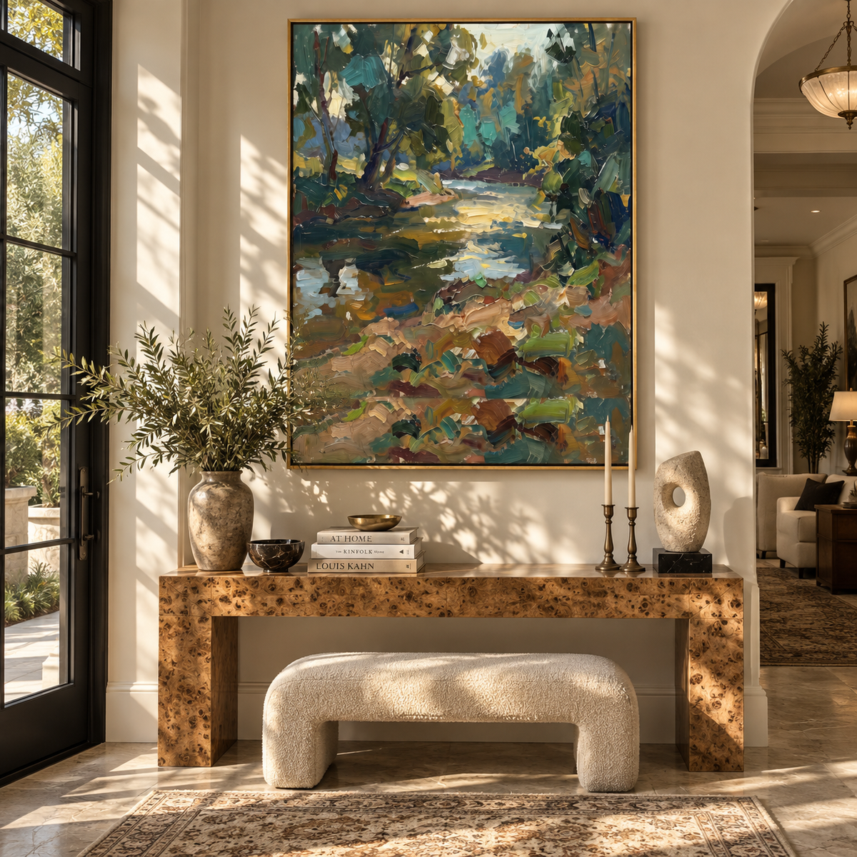Creek Through Deep Green forest creek landscape painting displayed in a styled interior