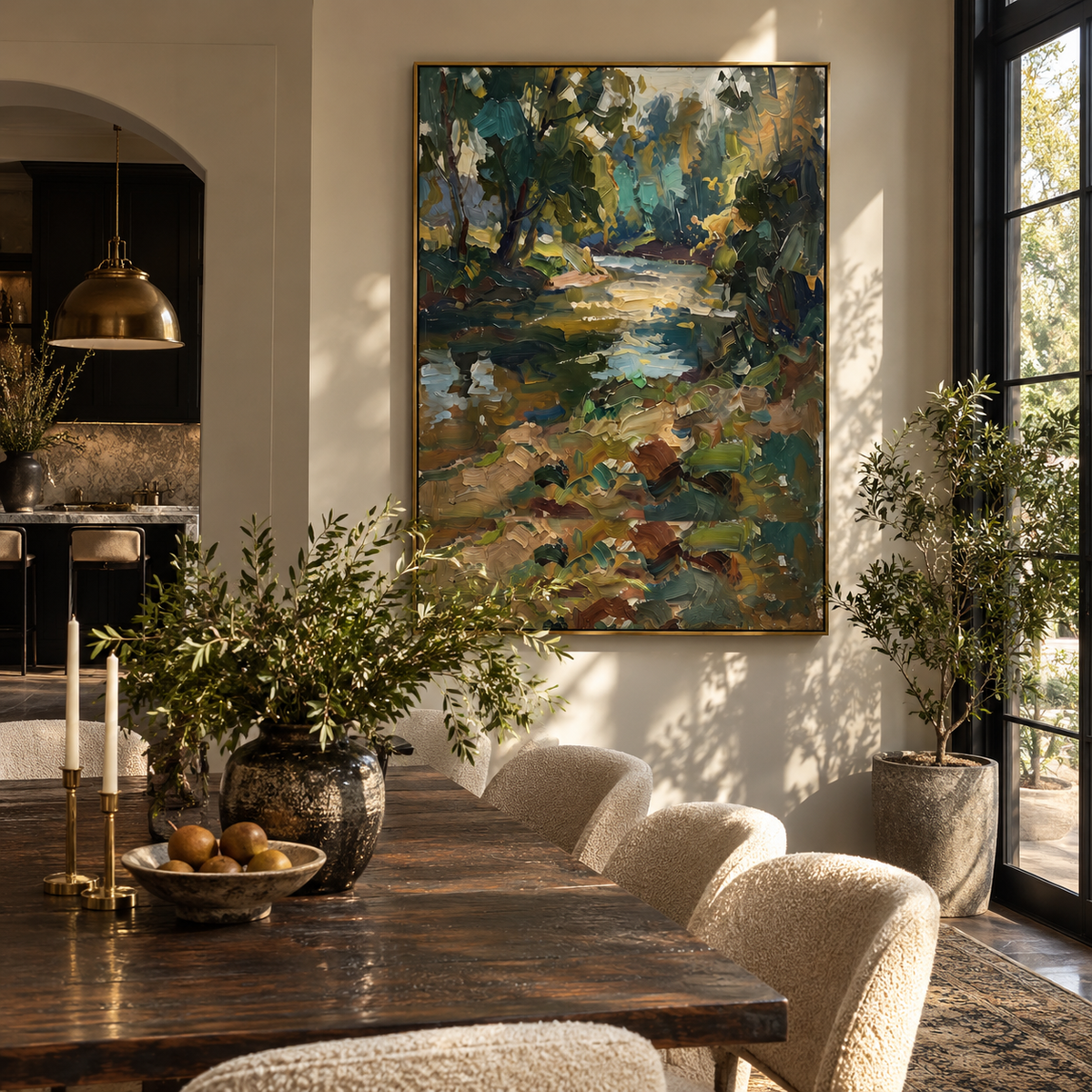 Creek Through Deep Green textured wall art shown in a contemporary room setting