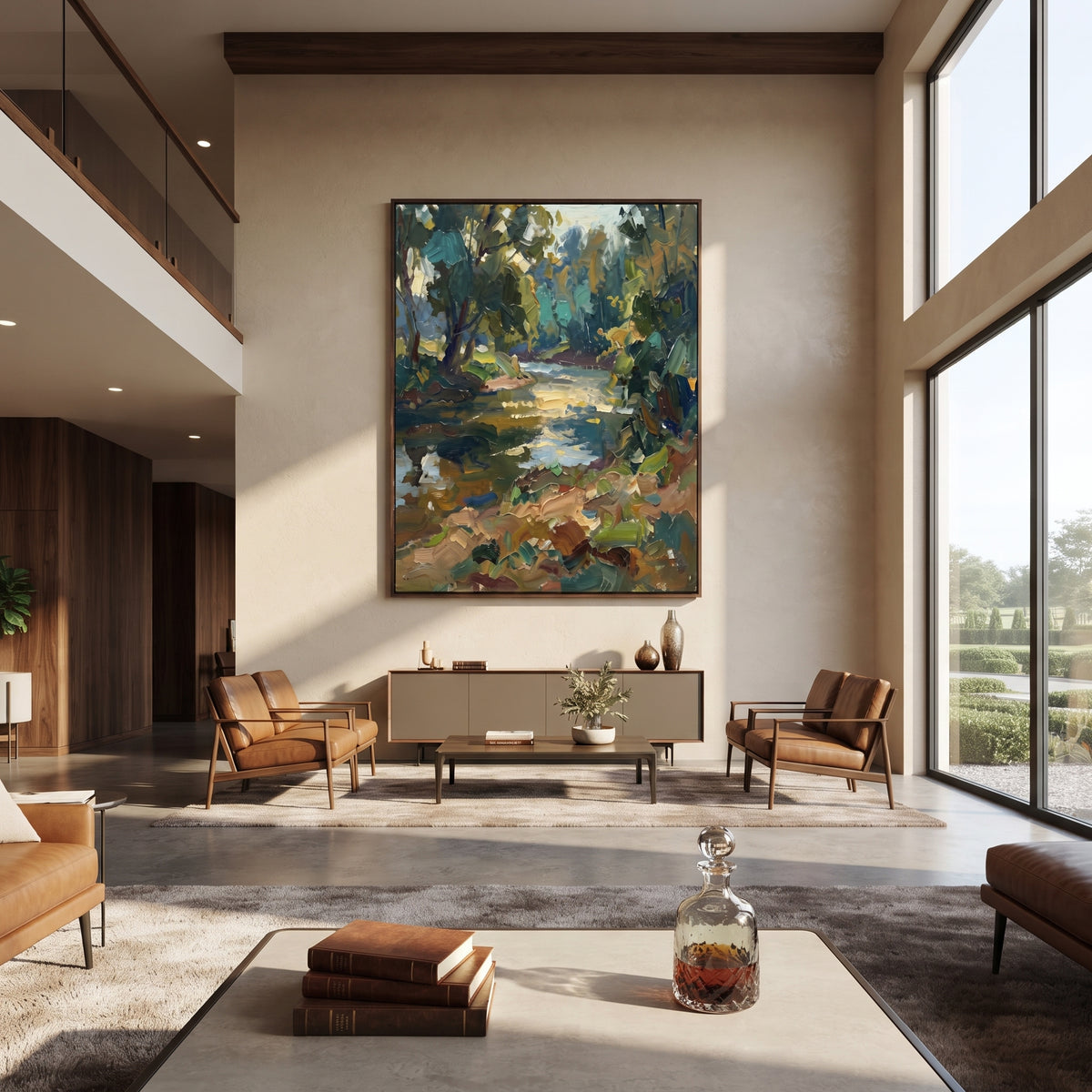 Creek Through Deep Green vertical painting displayed as a room focal point