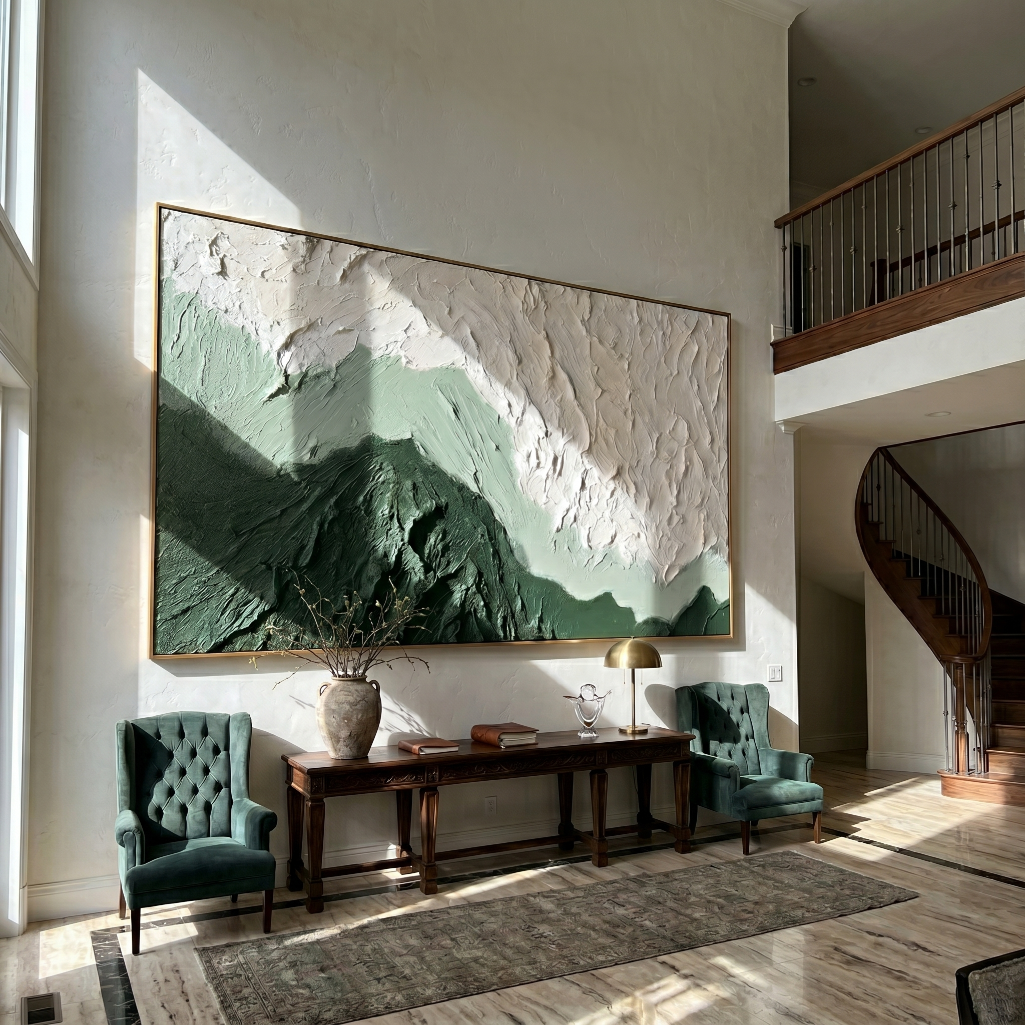 Verdant Ridges – Modern Organic Mountain Textured Art | Panoramic Sage Green Living Room Art