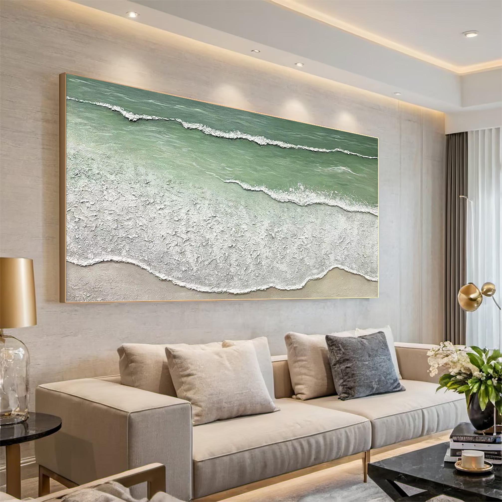 Rhythm of Tides – Modern Minimalist Ocean Wave Textured Art | Panoramic Coastal Living Room Art