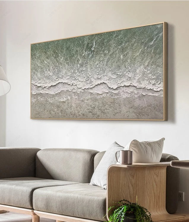 Tidal Whispers – Modern Coastal Sage Green Ocean Wave Painting | Horizontal Textured Living Room Art