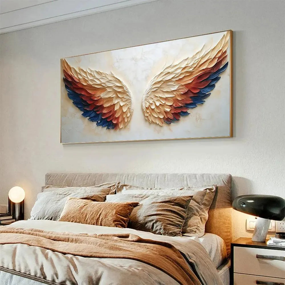 Celestial Wings – Hand-Painted Navy Blue and Terracotta Angel Wings 3D Relief Plaster Texture Painting | Japandi Organic Texture Living Room & Bedroom Art