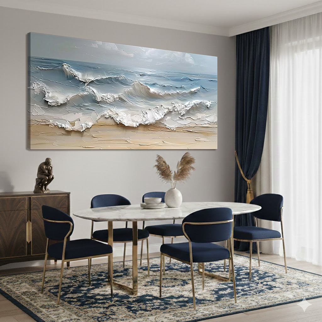 Shoreline Echo – Hand-Painted Creamy Sand Beach Wave Palette Knife Thick Textured Oil Seascape Painting | Contemporary Landscape Living Room & Dining Room Art