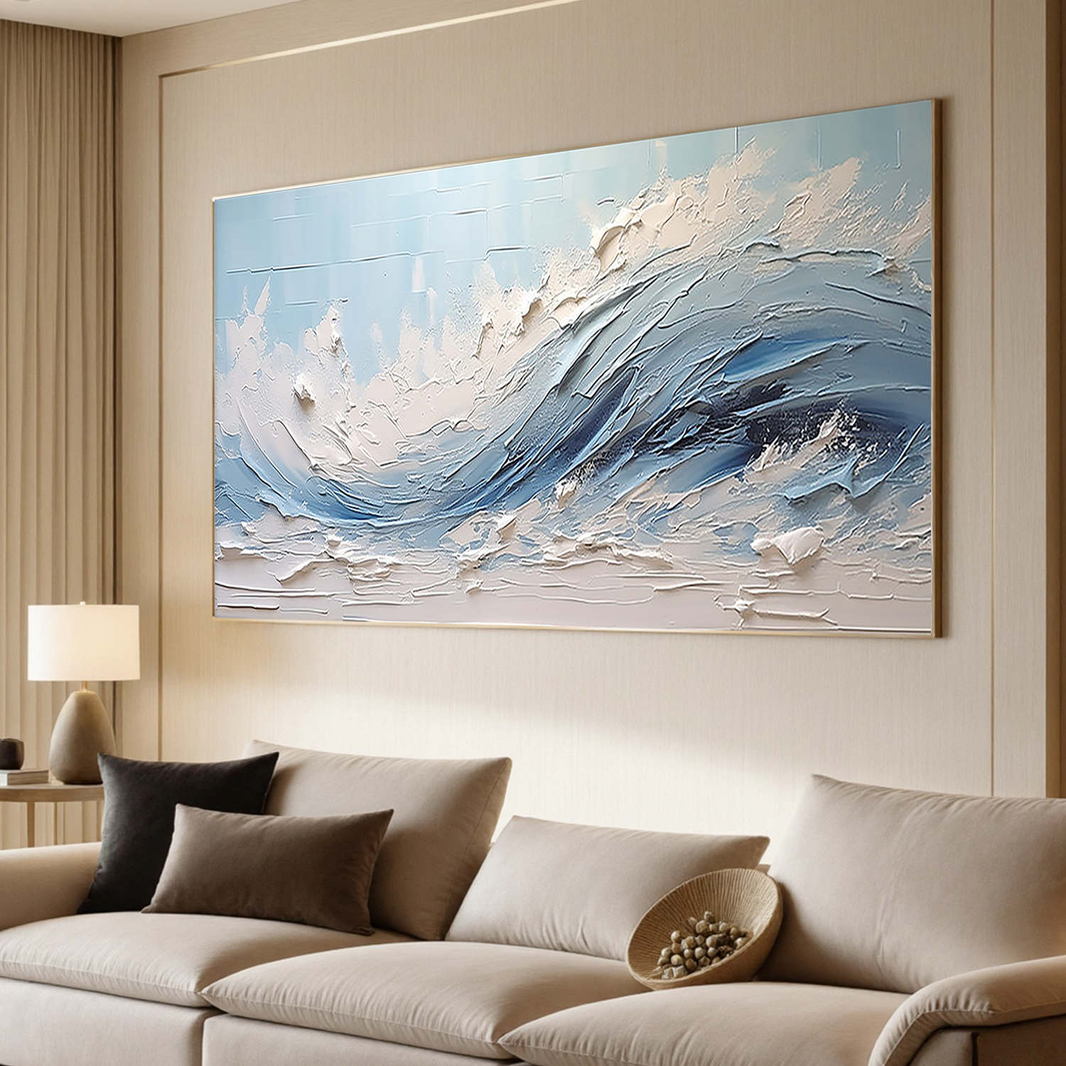 Sky Tide – Hand-Painted Sky Blue Ocean Wave Plaster Relief Seascape Painting | Coastal Modern Living Room & Bedroom Art