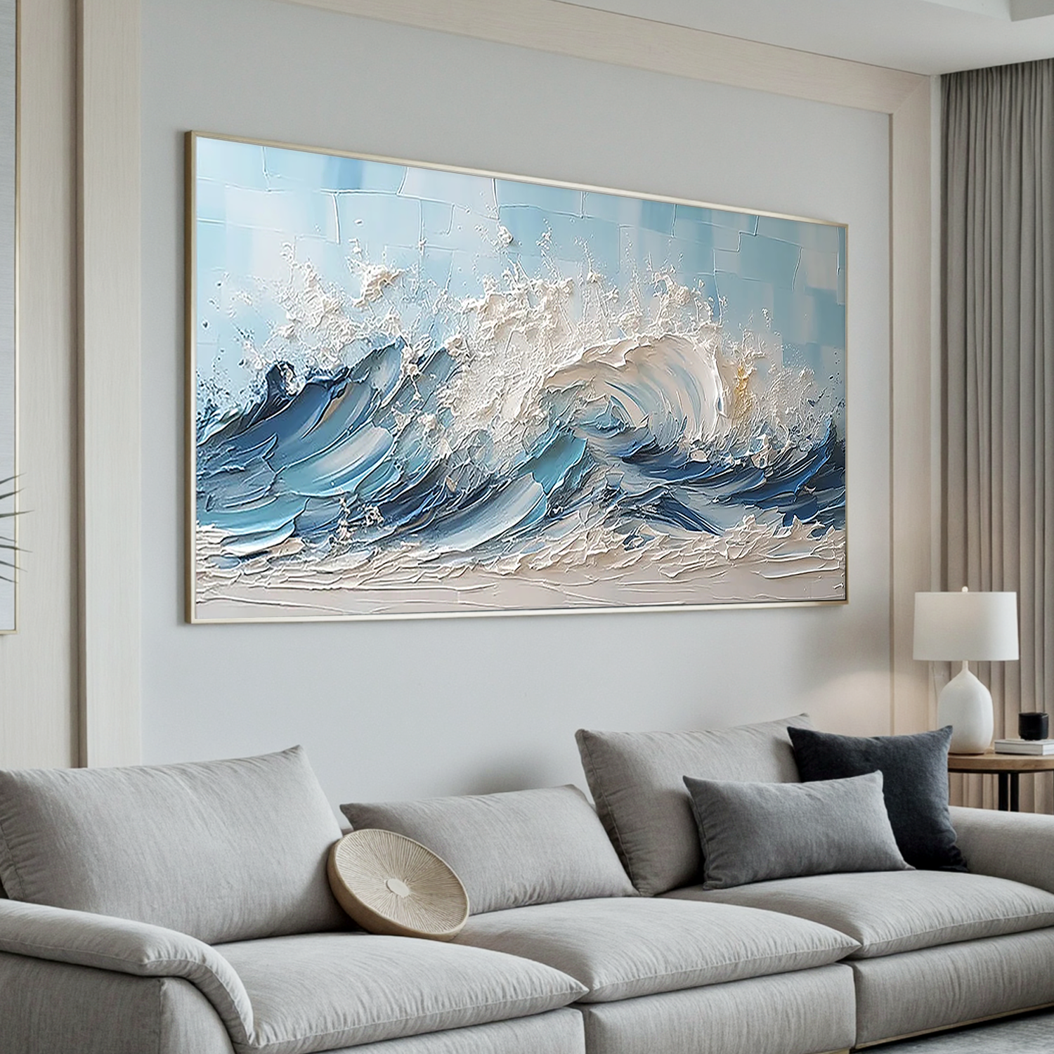 Azure Rage – Hand-Painted Deep Blue Ocean Wave 3D Plaster Effect Seascape Painting | Coastal Modern Living Room & Bedroom Art
