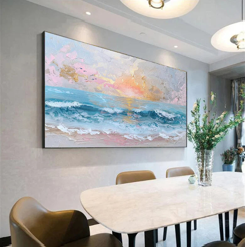 Pastel Sunset – Hand-Painted Sunset Ocean Wave Palette Knife 3D Seascape Painting | Coastal Modern Living Room & Bedroom Art