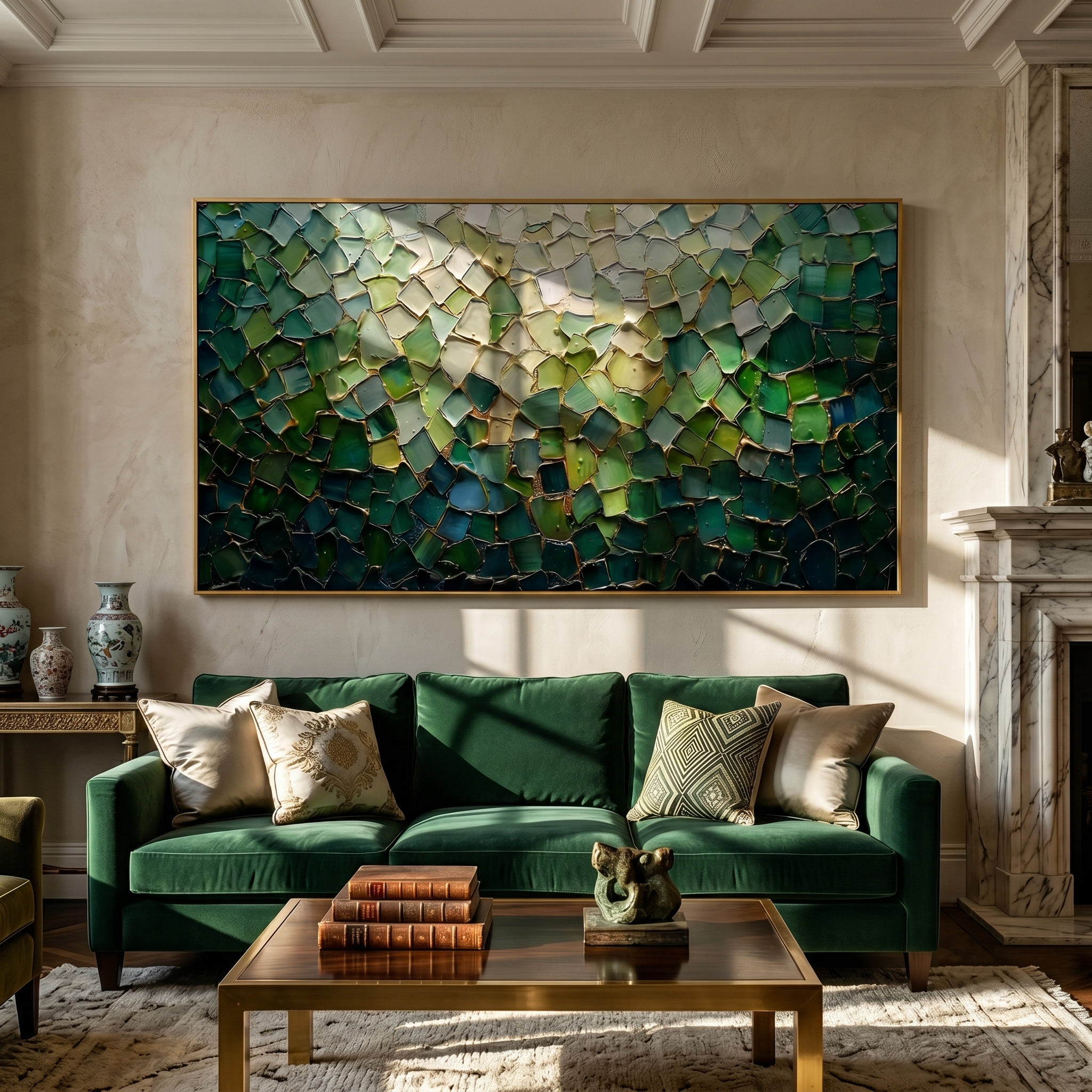 Emerald Mosaic – Modern Luxury Textured Art | Impasto Peacock Green Abstract Living Room Art
