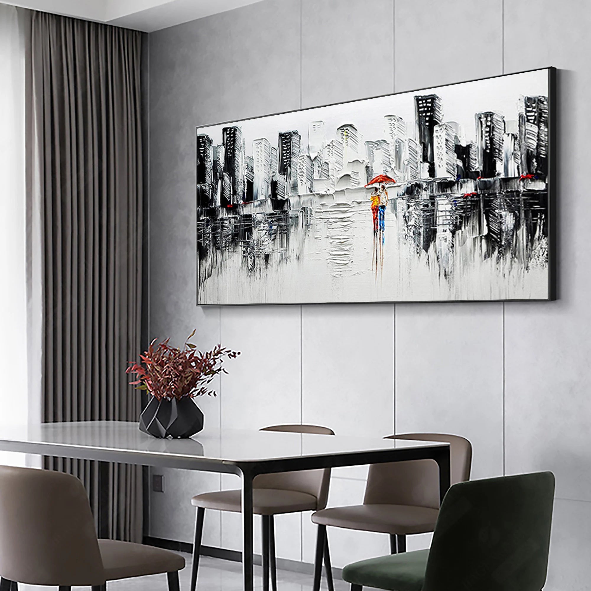 Rainy Romance – Hand-Painted Black and White Skyline Palette Knife Red Umbrella Textured Oil Cityscape Painting | Modern Noir Portrait Living Room & Hotel Art