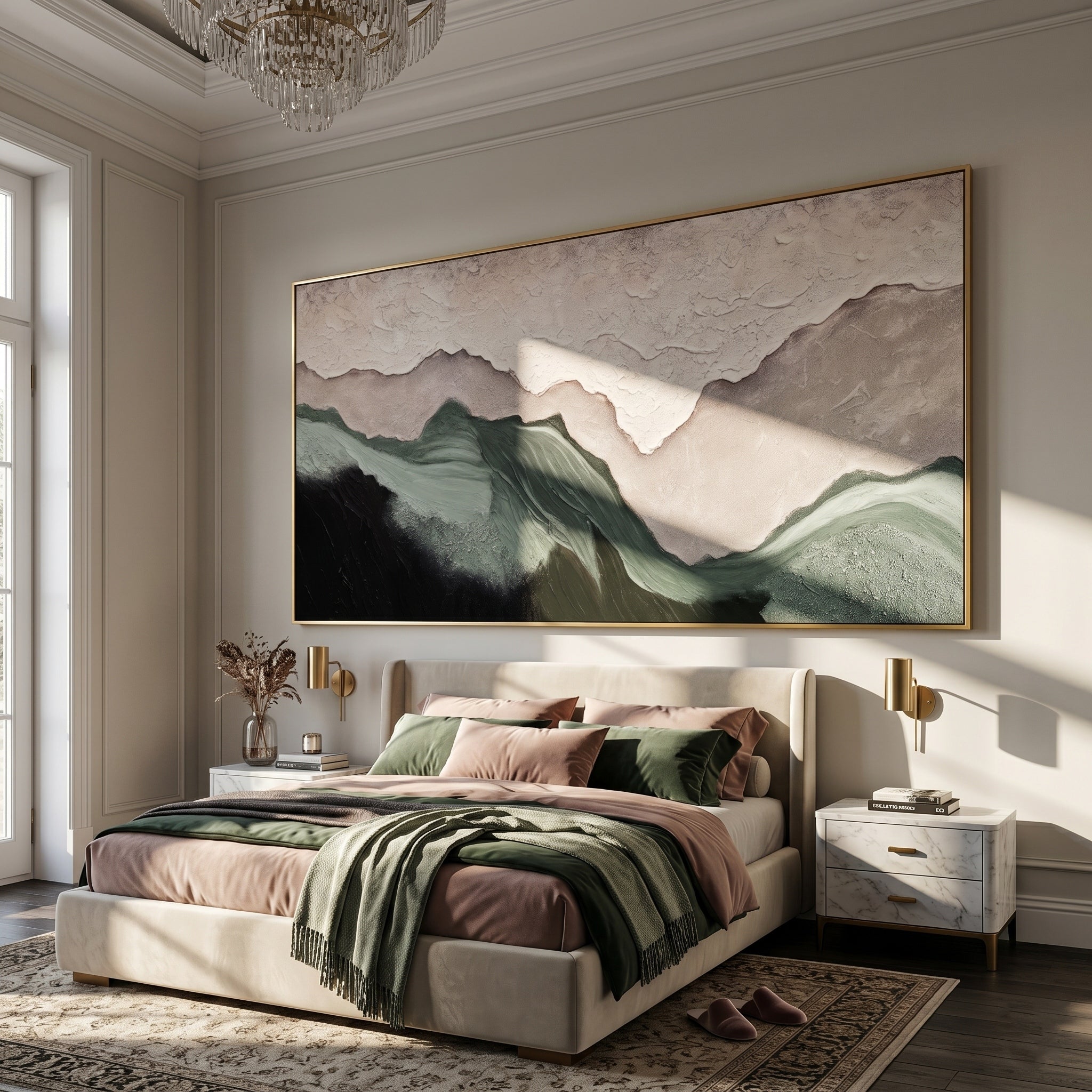 Mountain Echo – Wabi-Sabi Emerald Green Textured Painting | Horizontal Abstract Living Room Art