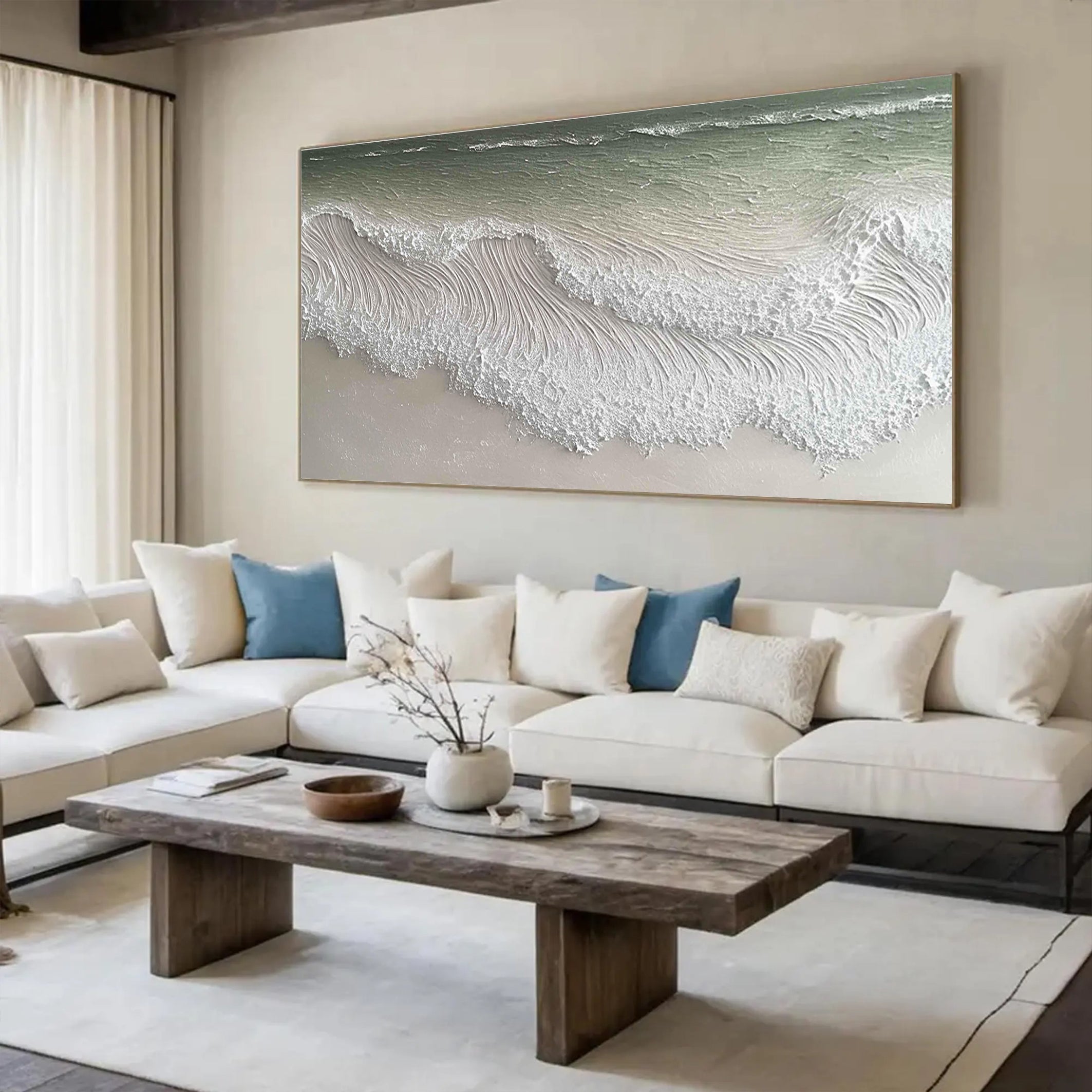 Ocean Froth – Hand-Painted Plaster Effect Sea Foam Wave Relief Seascape Painting | Coastal Modern Living Room & Bedroom Art