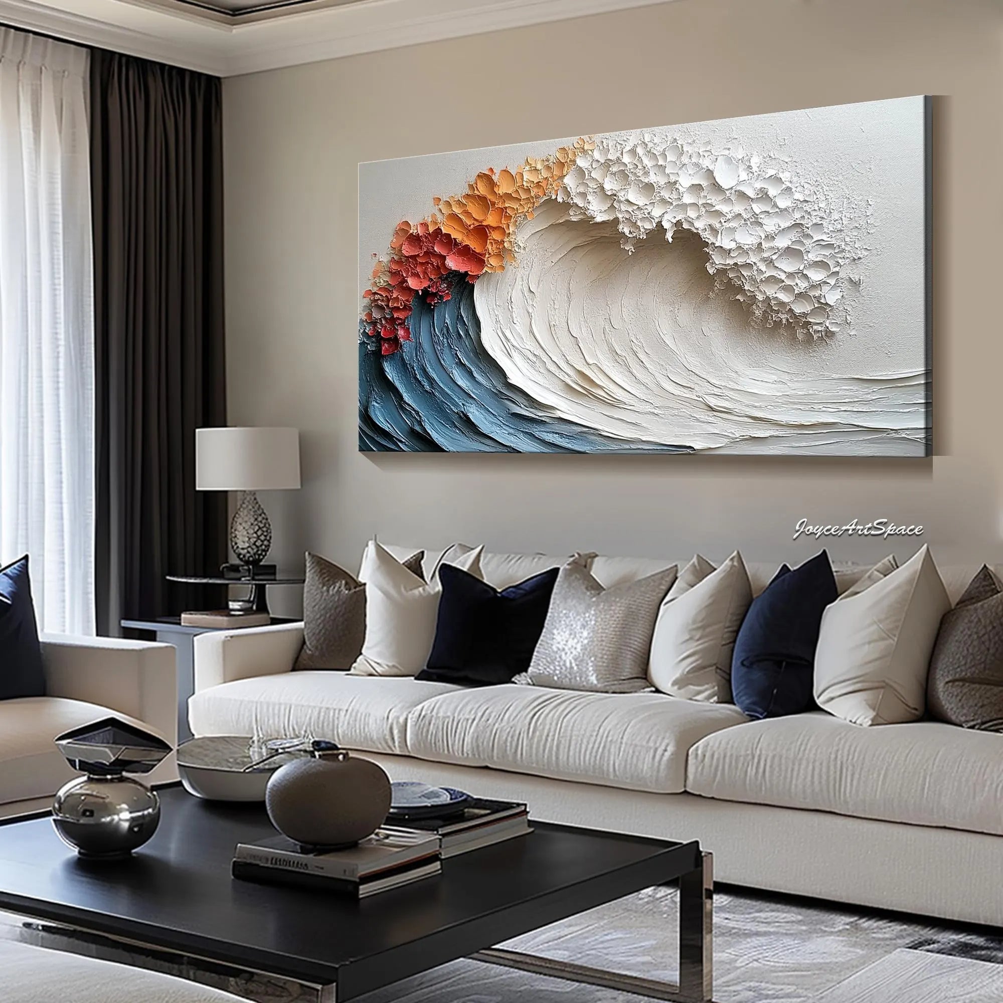 Crushing Wave – Modern Blue & White Wave Relief Texture Painting | Coastal Modern Living Room & Bedroom Art