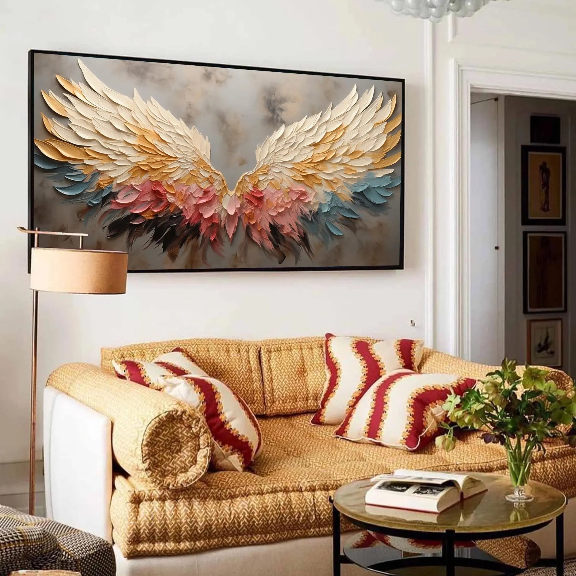 Sunset Wings – Gold & Rose Pink Feather Relief Texture Painting | Modern Luxury Metallic Living Room & Hotel Art