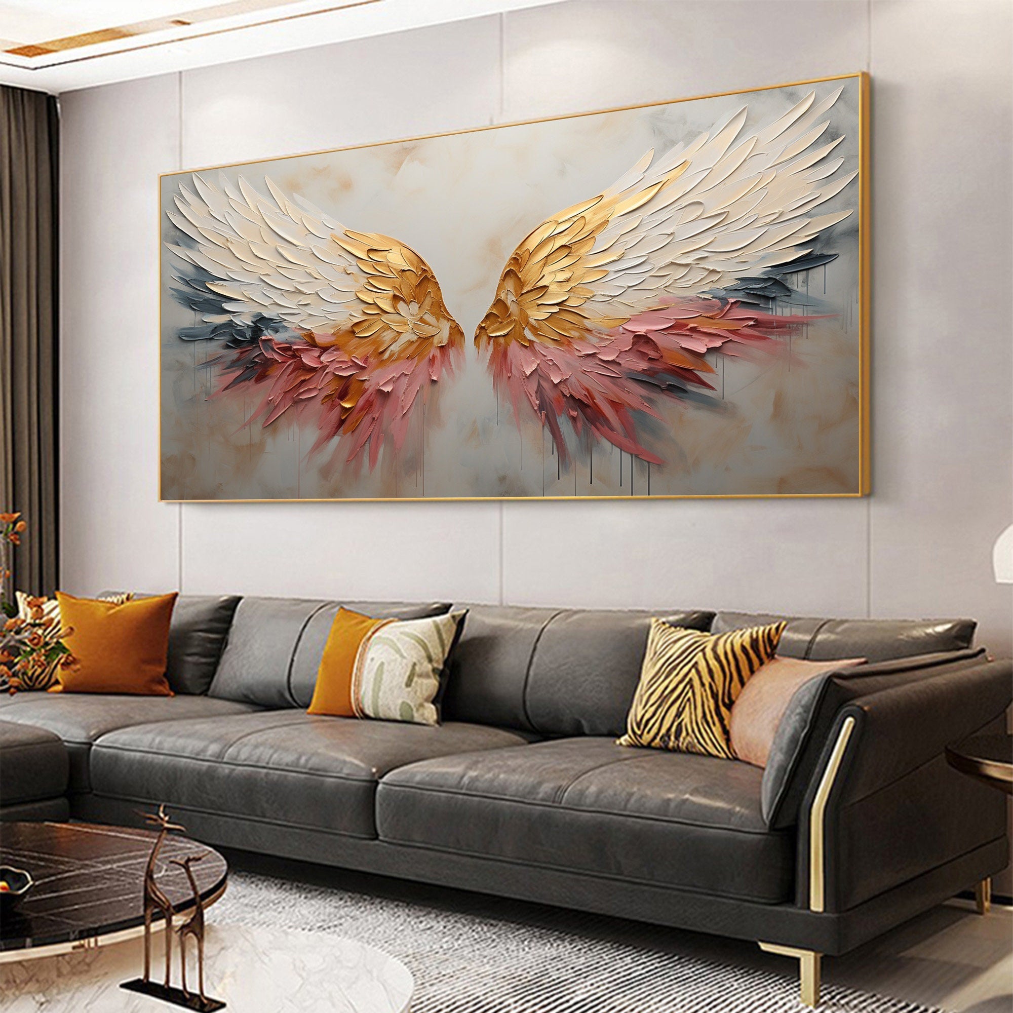 Celestial Wings – Gold Leaf Feather Relief Texture Painting | Modern Luxury Metallic Living Room & Hotel Art