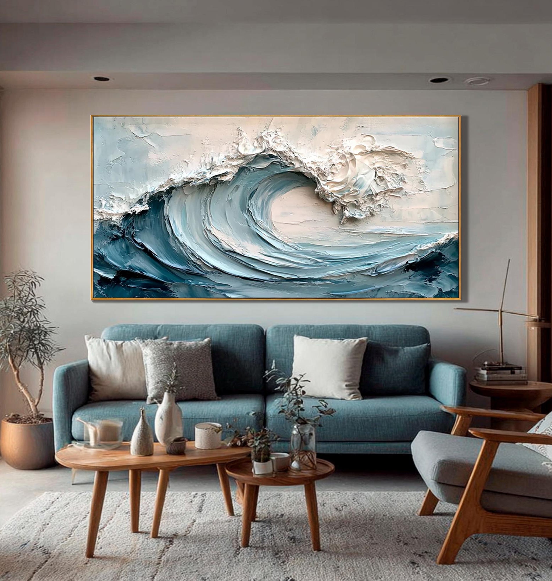 Pacific Surge – Modern Blue Ocean Relief Texture Painting | Coastal Modern Living Room & Bedroom Art
