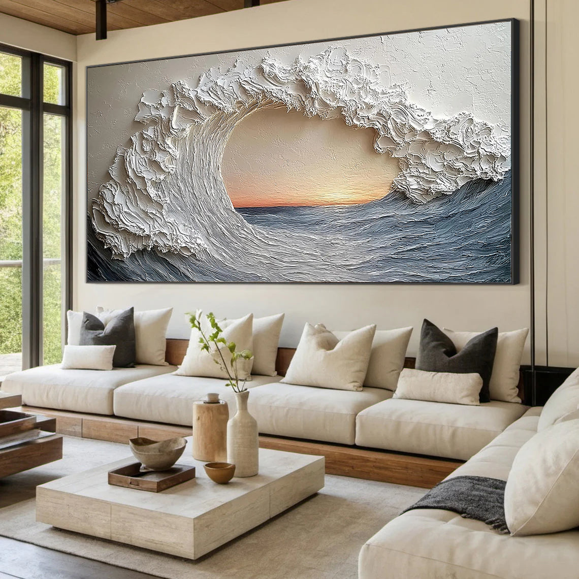 The Ocean Eye – Modern Luxury Crashing Wave Textured Painting | Panoramic Impasto Living Room Art