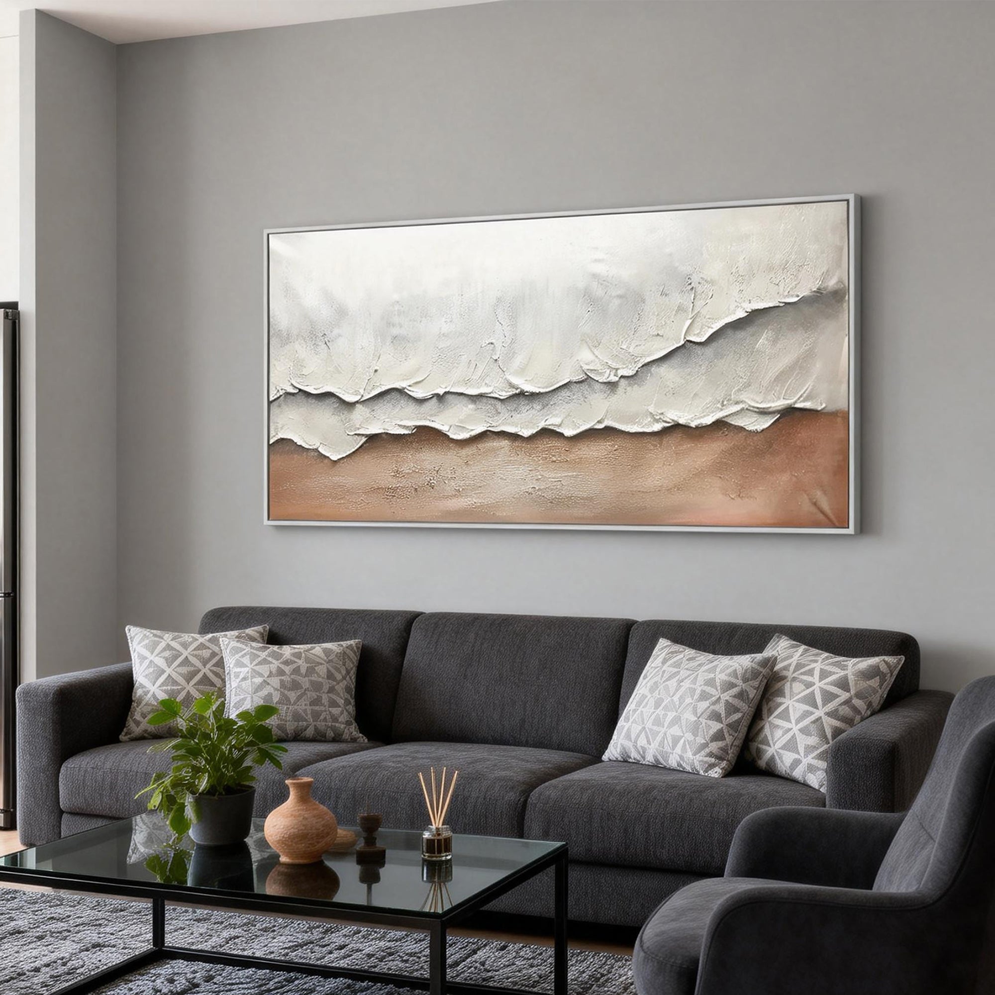 Whispering Sands – Modern Minimalist Creamy Ocean Wave Painting | Wabi-Sabi Textured Living Room Art