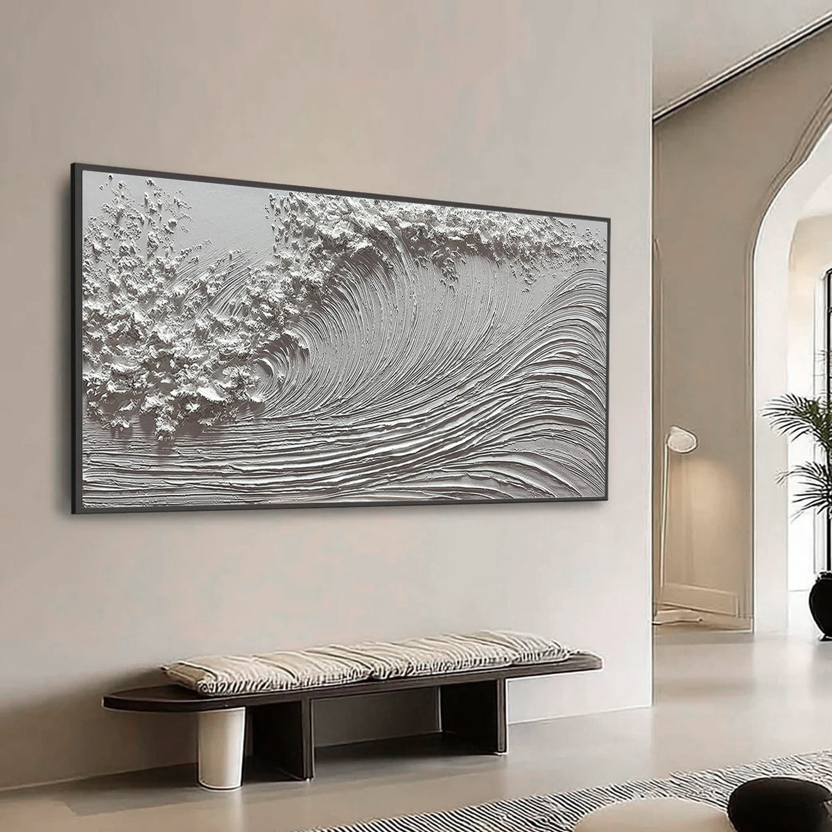 The Silent Swell – All White Minimalist Textured Ocean Wave Art | Wabi-Sabi Heavy Impasto Home Office Art