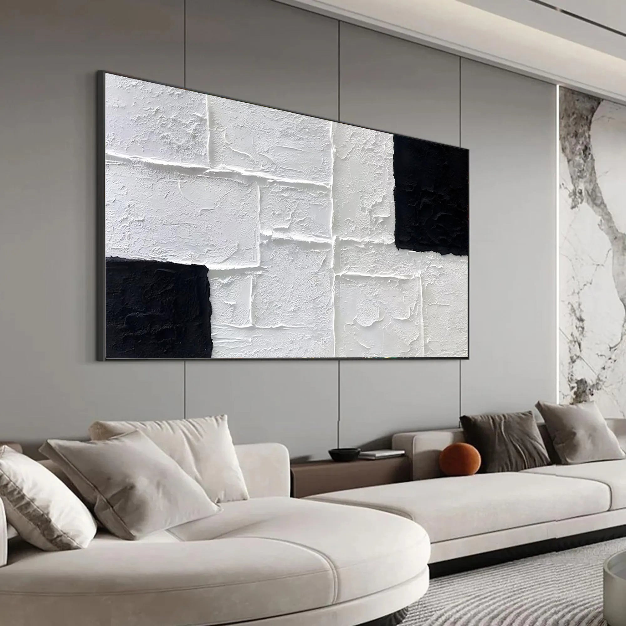 Mono Block – Black and White Geometric Relief Texture Painting | Industrial Abstract Home Office & Living Room Art