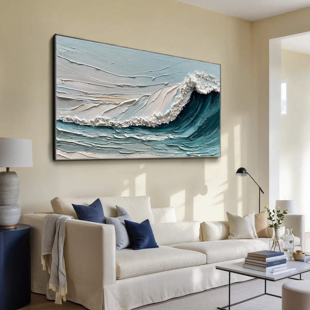 Azure Crest – Modern Plaster Ocean Relief Texture Painting | Coastal Modern Living Room & Bedroom Art