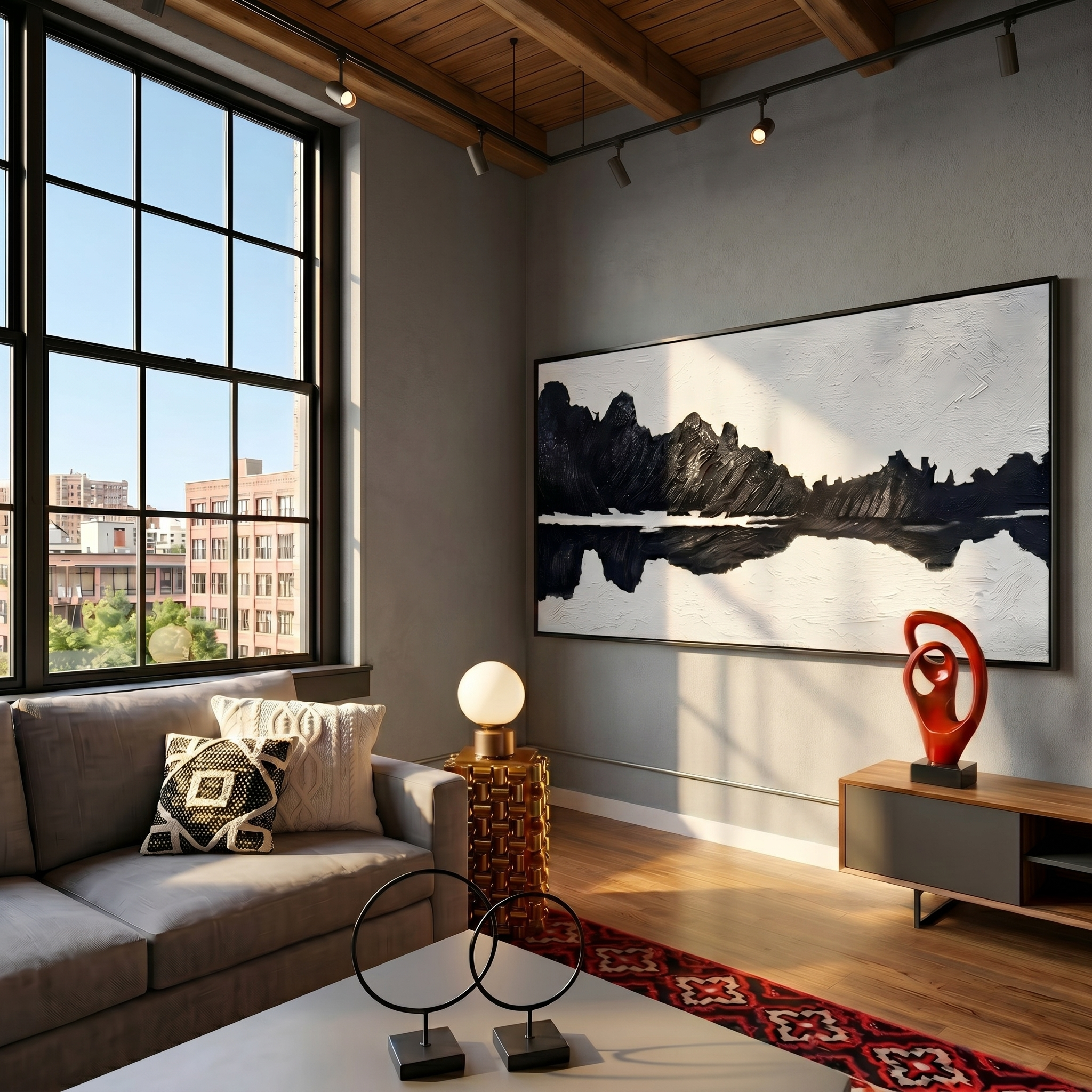 Silent Peaks – Black & White Minimalist Impasto Mountain Reflection | Modern Wabi-Sabi Office Art