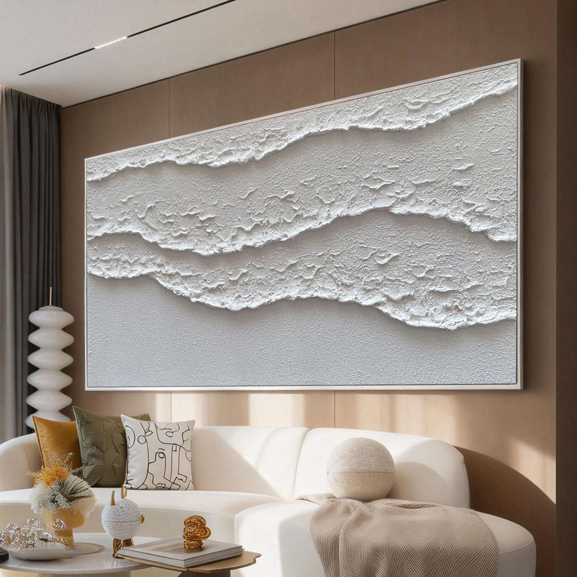 White Crest – 3D Linear Wave Relief Abstract Minimalist Painting | Modern Minimalist Bedroom & Home Office Art