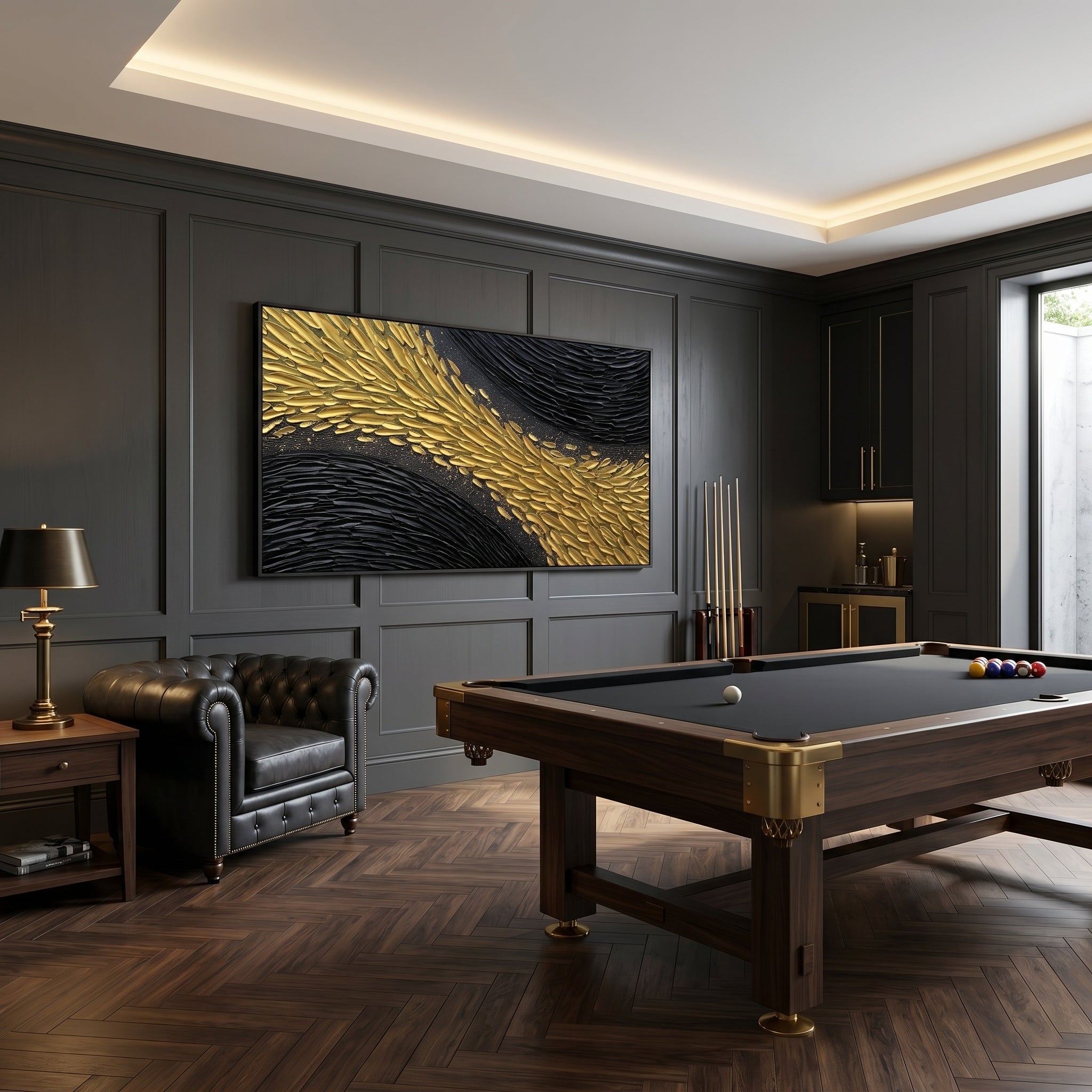 Golden Scales in Motion – Modern Black-and-Gold Textured Artwork | Abstract Horizontal Living Room Art