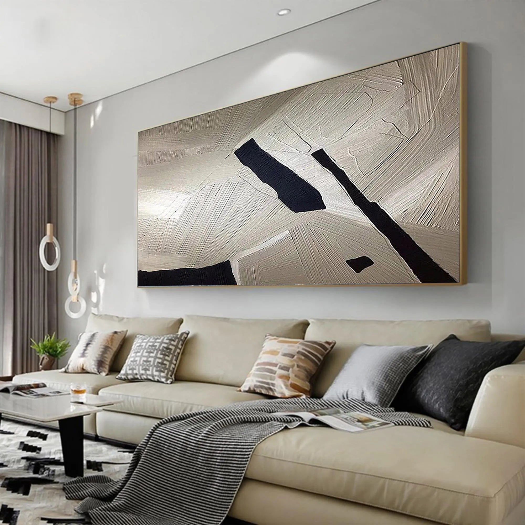 Urban Structure – Modern Black & Sand Plaster Relief Abstract Painting | Modern Abstract Living Room & Office Art