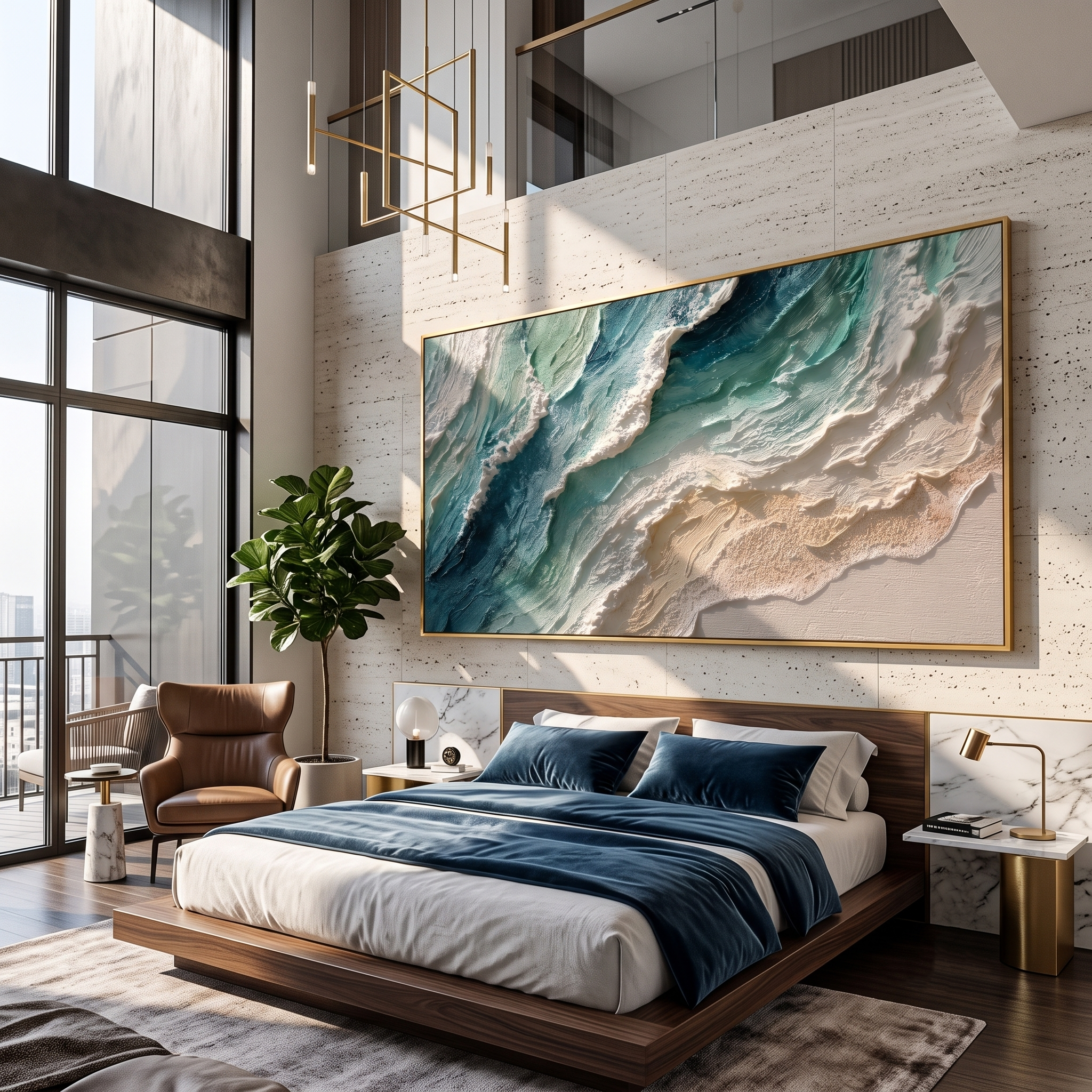 Shoreline Surge – Teal & Ivory Ocean Wave Painting | Coastal Abstract Panoramic Wall Art