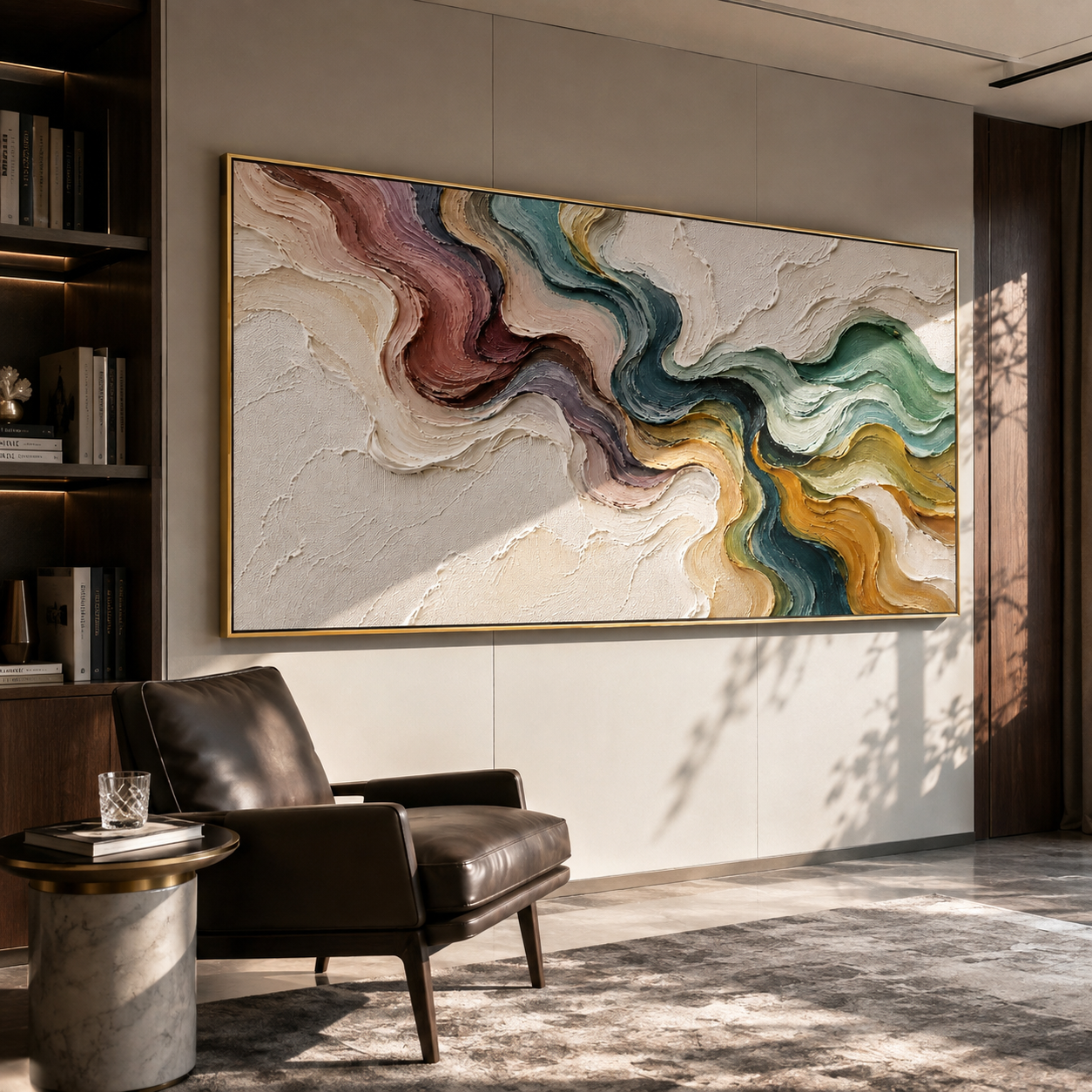 Confluence in Soft Color displayed above a living room sofa in a warm modern interior