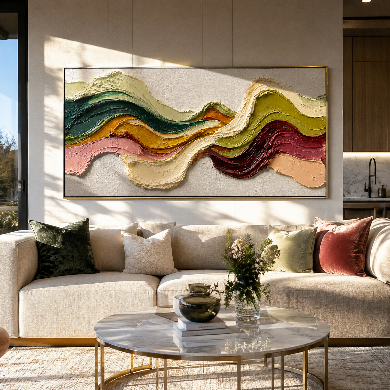 Ribbon Peaks in Motion presented over an entryway console in a contemporary home