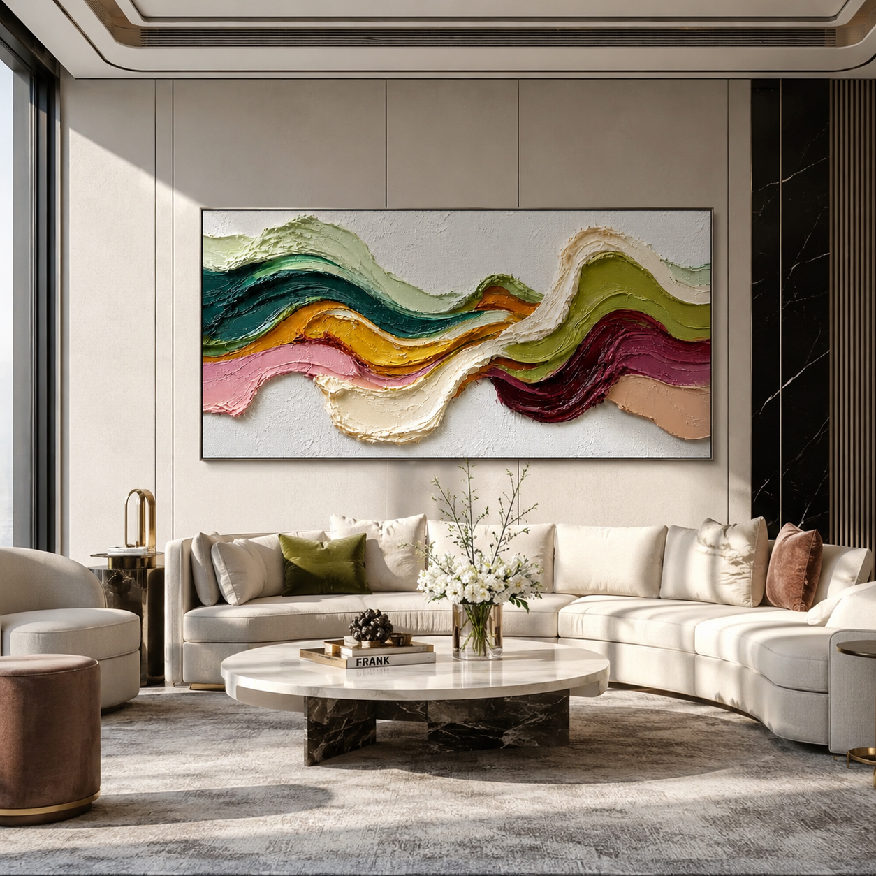 Ribbon Peaks in Motion displayed in a dining room with coordinated modern decor
