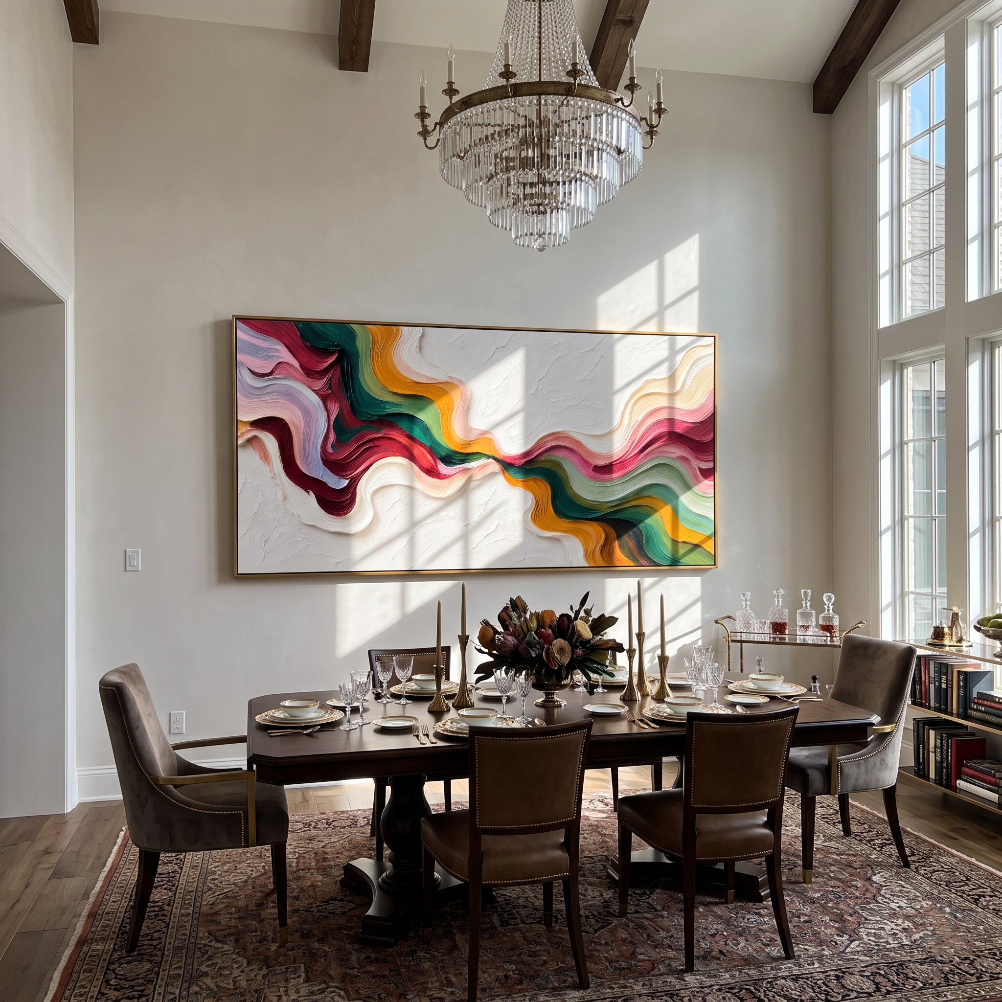 Chromatic River Crossing styled in a quiet reading nook with neutral furnishings