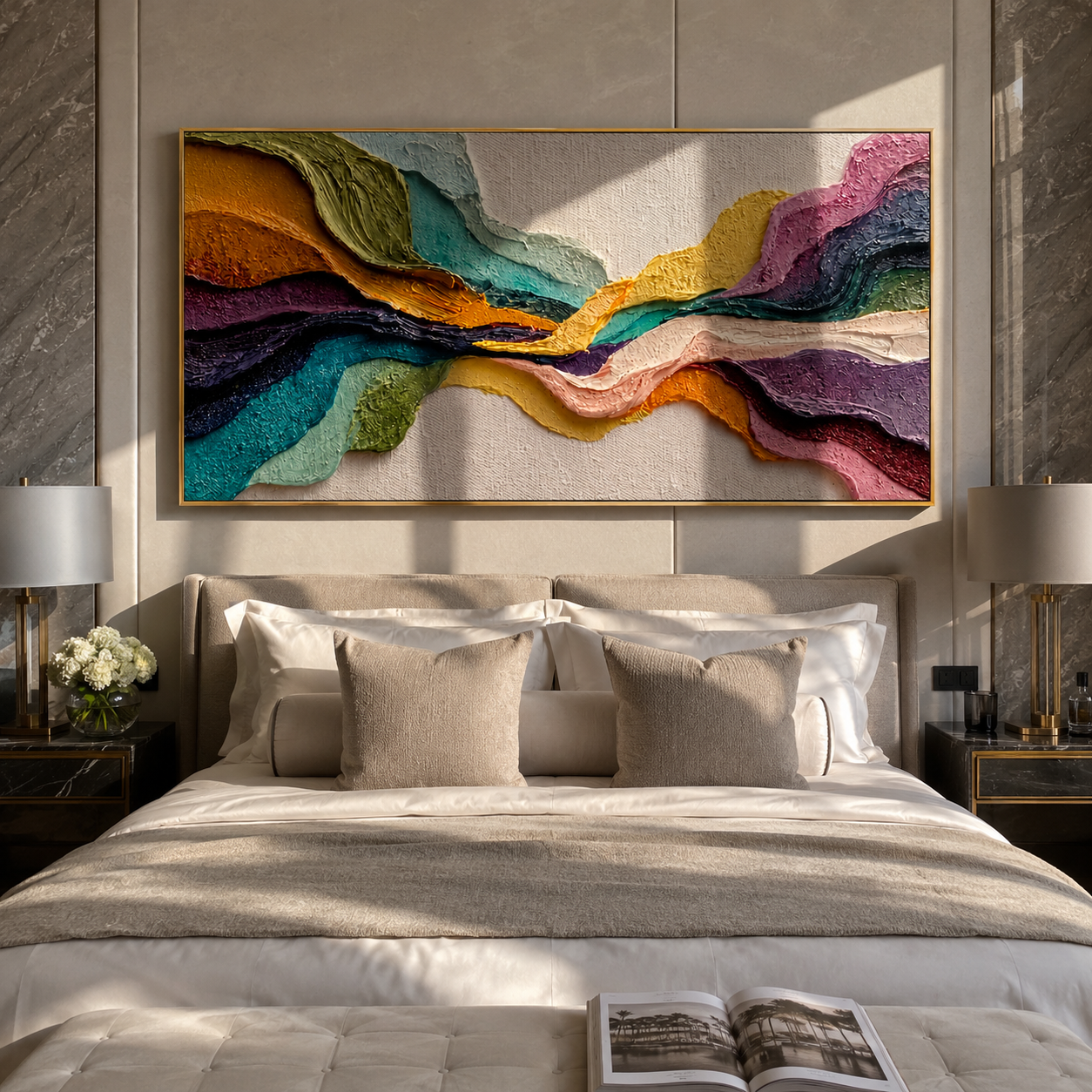 Tectonic Color Passage displayed above a living room sofa in a warm modern interior