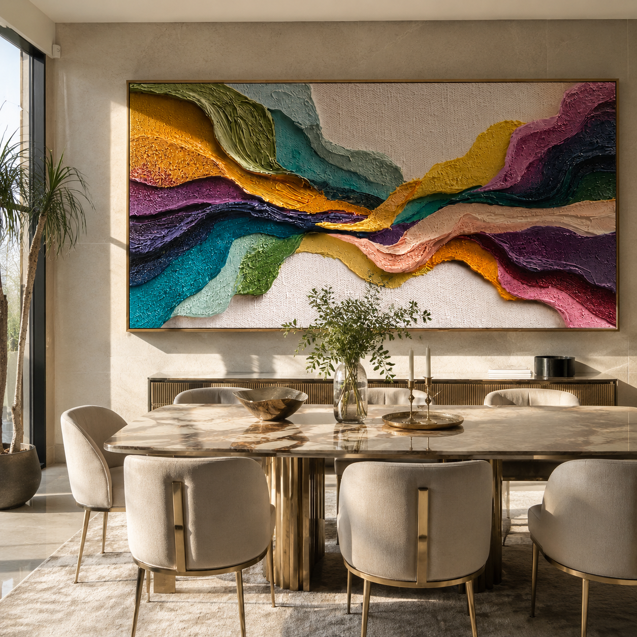 Tectonic Color Passage styled above a bed in a calm, layered bedroom interior