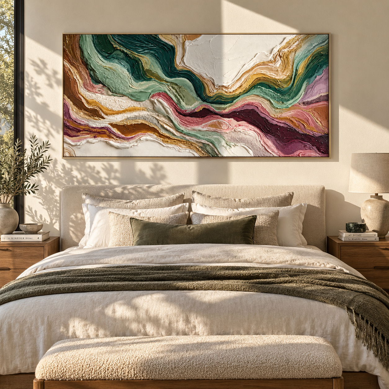 Mineral Tides Crossing Ivory displayed above a living room sofa in a warm modern interior
