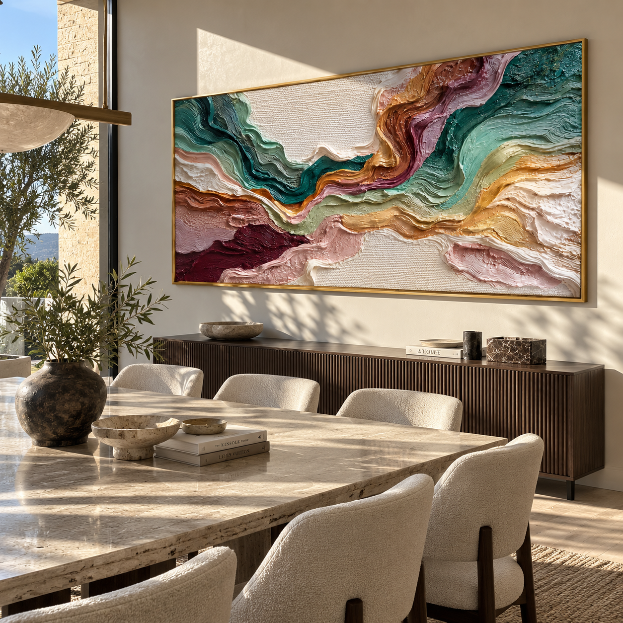 Opposing Currents Meet Light presented over an entryway console in a contemporary home