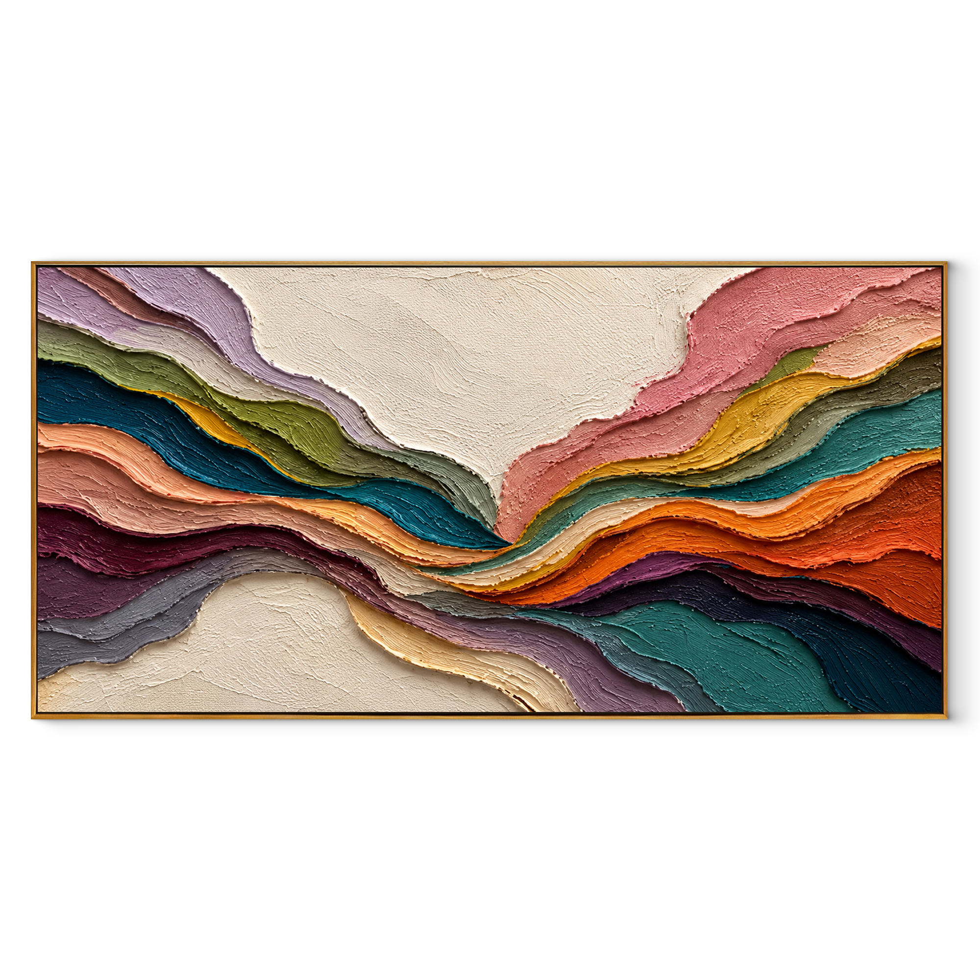 Color Strata Hold Horizon teal pink panoramic flowing textured abstract painting, horizontal canvas artwork