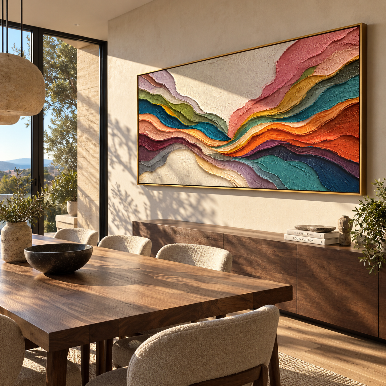 Color Strata Hold Horizon styled above a bed in a calm, layered bedroom interior