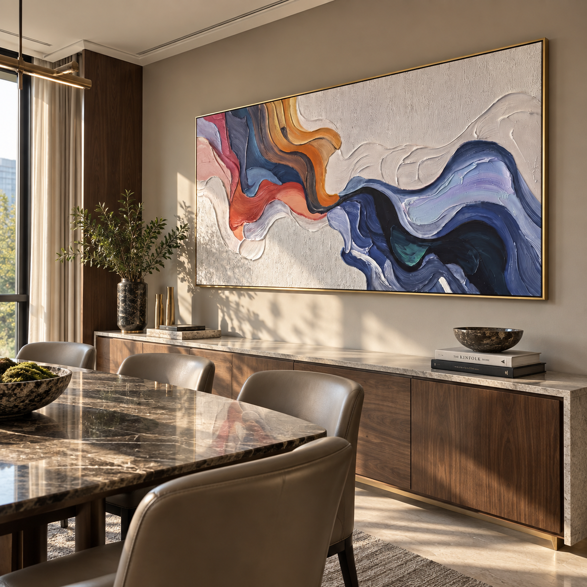 Coral Current Through Blue – blue orange flowing texture painting, displayed beside a contemporary dining area