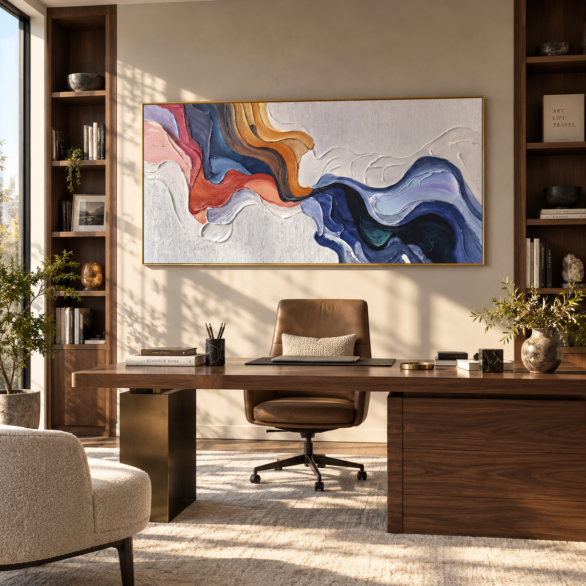 Coral Current Through Blue – blue orange flowing texture painting, displayed over a long wood sideboard