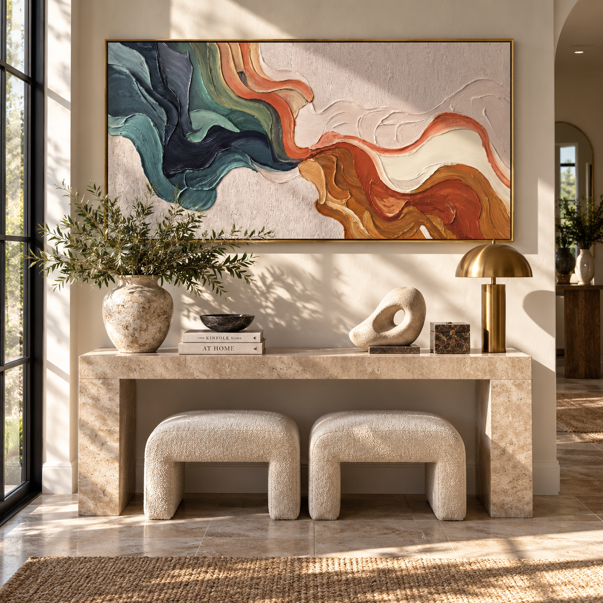 Rust and Teal Confluence – orange green flowing texture painting, displayed above a modern fireplace