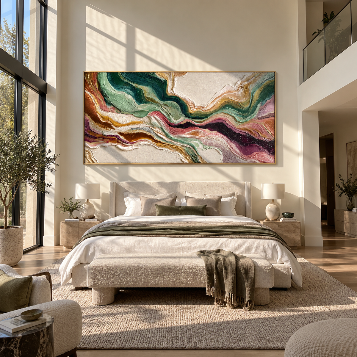 Strata Gather Around Light displayed above a living room sofa in a warm modern interior