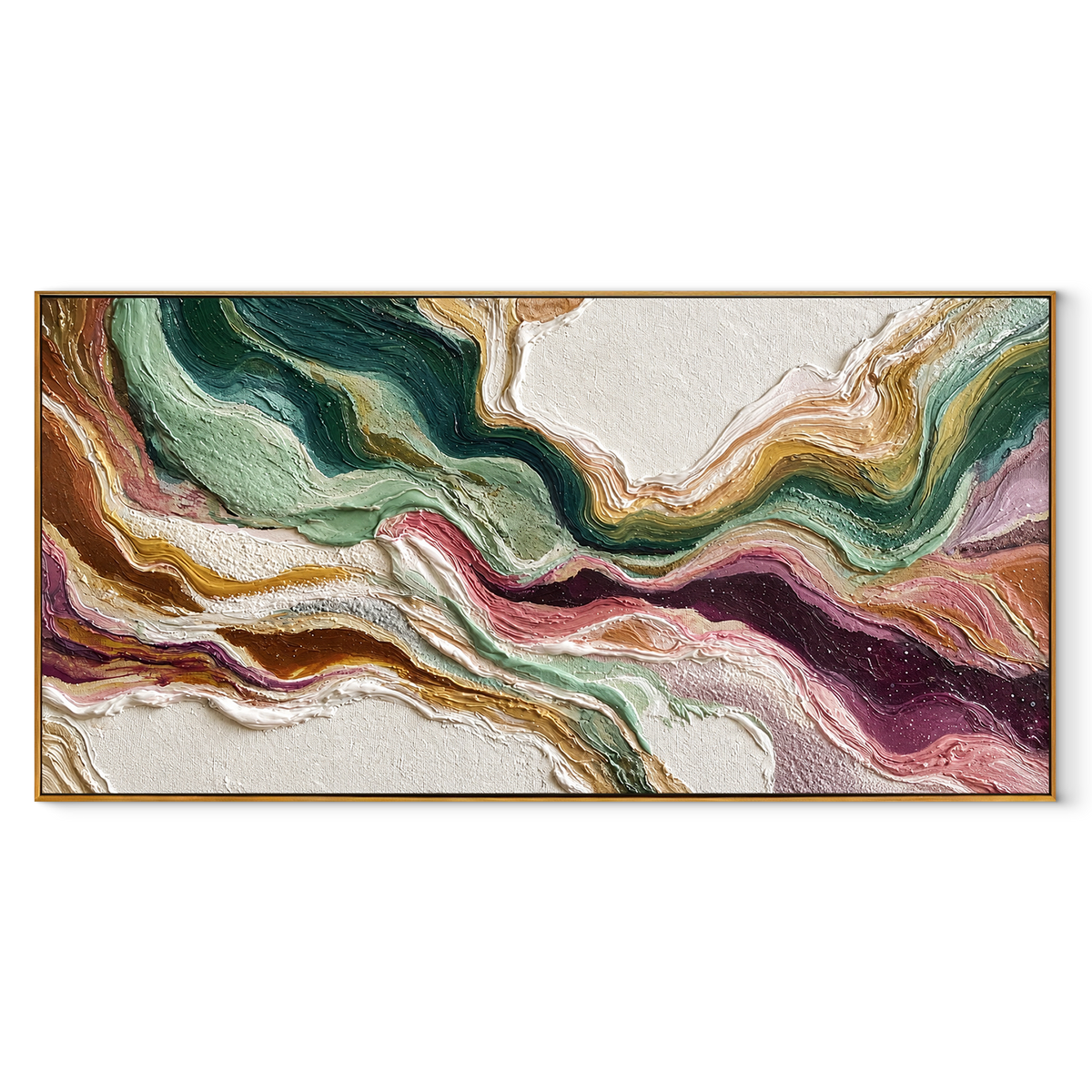 Strata Gather Around Light green pink panoramic textured abstract painting, horizontal canvas artwork