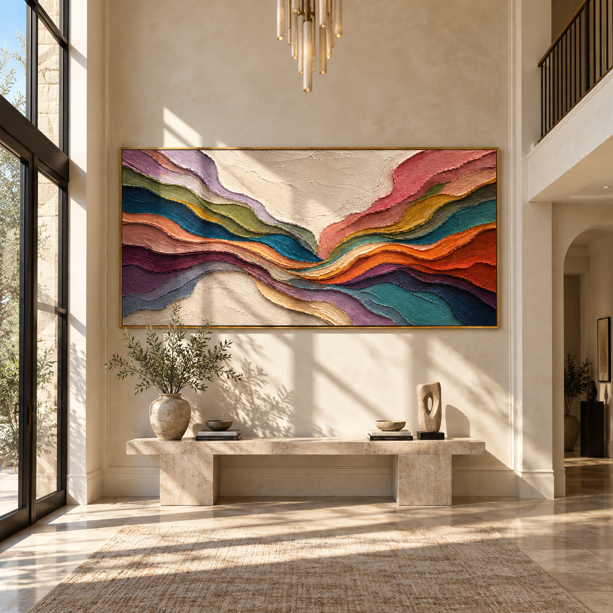 Chromatic Valleys Meet Center presented over an entryway console in a contemporary home