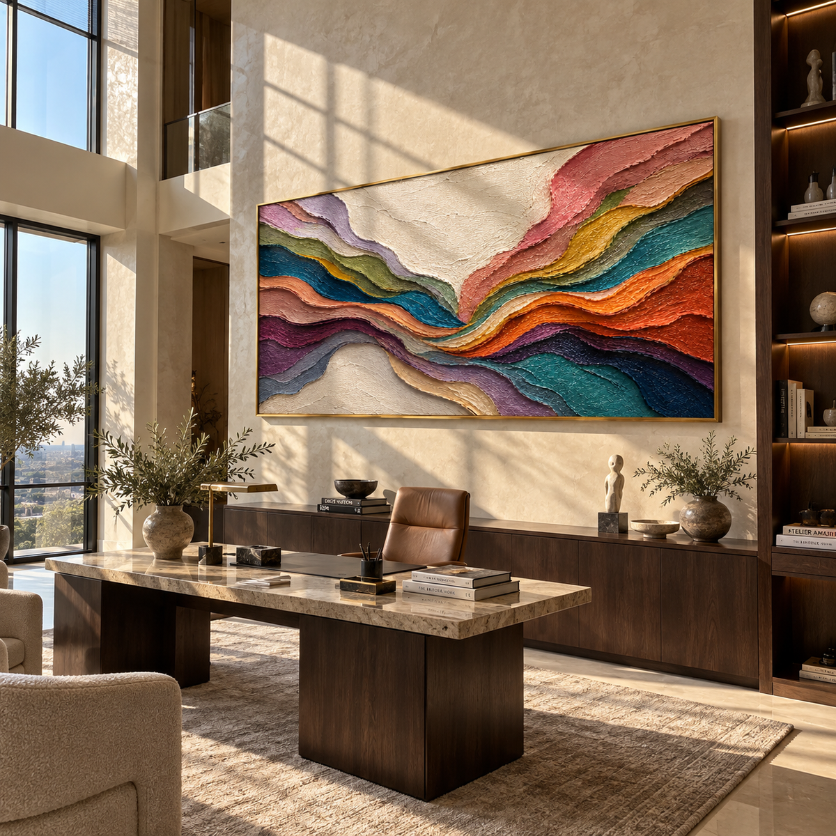 Chromatic Valleys Meet Center styled above a bed in a calm, layered bedroom interior
