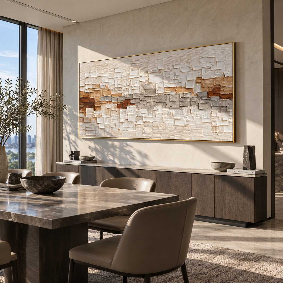 White Blocks Meet Earth white brown geometric textured painting displayed in a modern interior