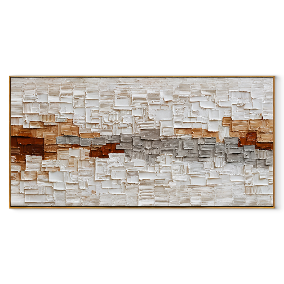 White Blocks Meet Earth panoramic canvas artwork in a wood frame on white
