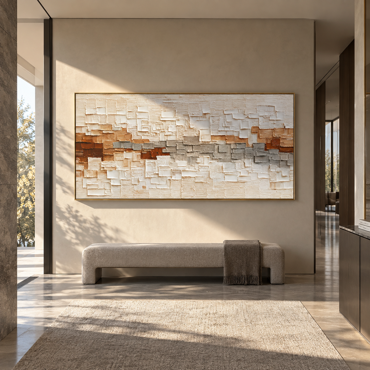 White Blocks Meet Earth textured wall art shown above contemporary furnishings