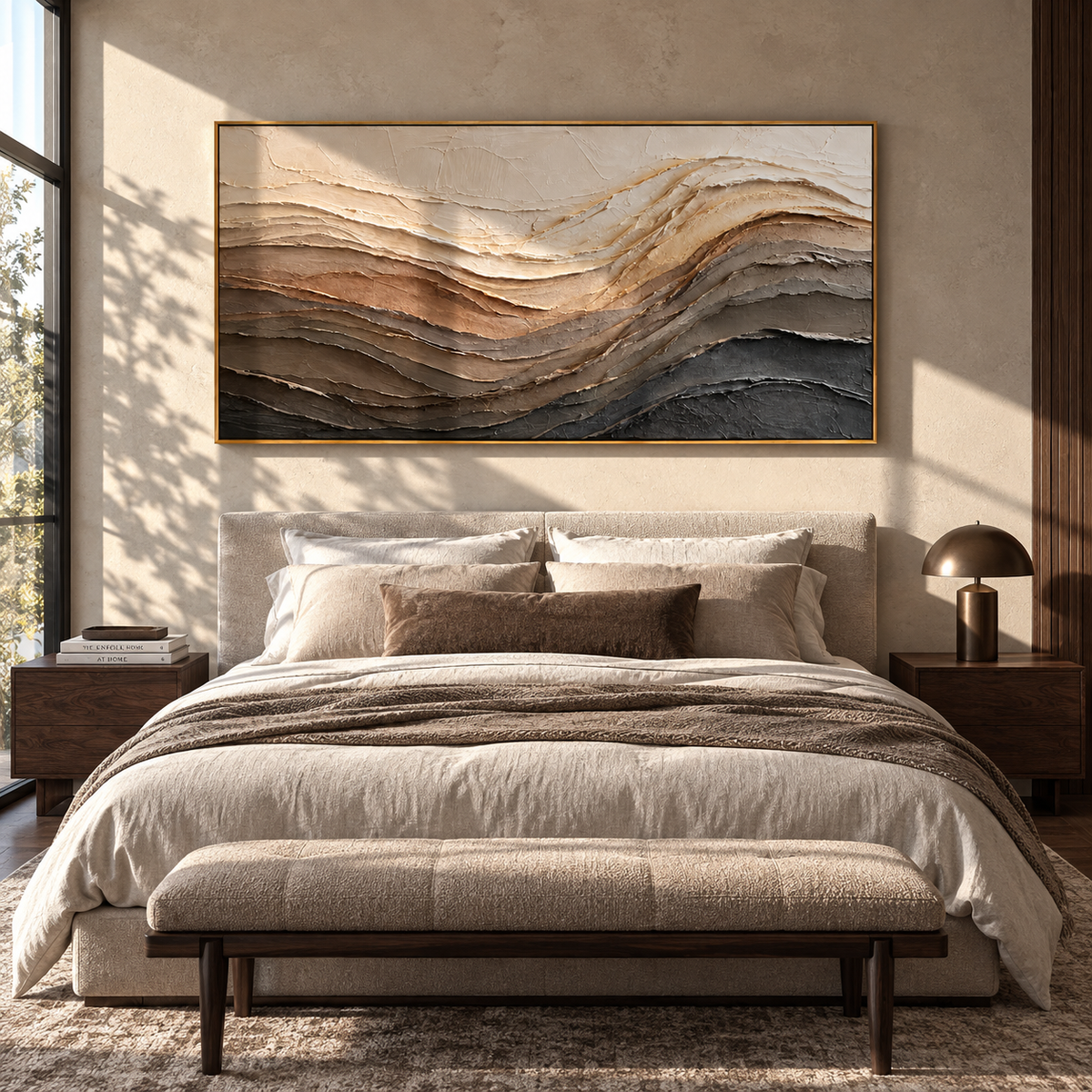 Earth Layers Rise brown beige layered abstract painting displayed in a modern interior